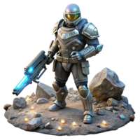 splendid dynamic art deco A futuristic soldier in power armor, holding a glowing energy rifle, standing amidst a battlefield strewn with debris, dark and gritty style, dynamic lighting luxury png