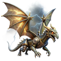 alluring renaissance A steampunk dragon, with metallic scales and steam powered wings, soaring through a stormy sky, illuminated by flashes of lightning, in a dramatic, fantasy style luxury png