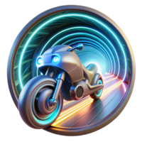 remarkable contemporary A futuristic motorcycle, with glowing neon accents, speeds through a holographic tunnel, leaving a trail of light in its wake. Dynamic, motion blur. Cyberpunk style original png