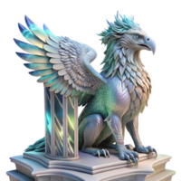 passionate extraordinary A majestic griffin with iridescent feathers, perched atop a crumbling marble altar, bathed in ethereal moonlight. Intricate, hyperrealistic style perfect clarity png