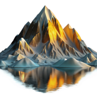 mesmerizing timeless A majestic snow capped mountain range reflecting in a crystal clear alpine lake, hyperrealistic style, golden hour lighting png