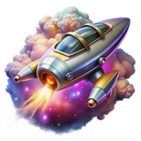 glorious joyful traditional A retro futuristic spaceship, chrome and brass details, flying through a nebula, illuminated by the nebula s vibrant colors, in an art deco style precision png