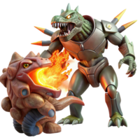 dynamic striking A giant robot battling a monstrous alien creature, fiery explosions, anime style precision png