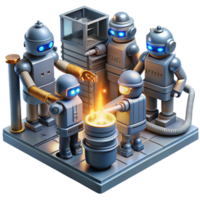 sumptuous retro A group of robots, working in a futuristic factory, illuminated by the sparks of welding torches. Industrial lighting, dystopian style original png