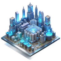 hypnotic rare A futuristic city built on a giant motherboard, glowing circuitry patterns visible below, aerial view, cyberpunk style png