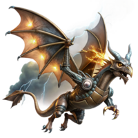 spectacular peaceful retro A steampunk dragon, with metallic scales and steam powered wings, soaring through a stormy sky, illuminated by flashes of lightning, in a dramatic, fantasy style 8K png