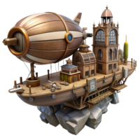 hypnotic avant garde A steampunk airship docking at a floating city, intricate gears and pipes, retro futuristic, dieselpunk, detailed, premium png