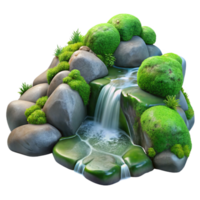 magnificent iconic A crystal clear stream cascading over moss covered rocks in a sun dappled forest. Hyperrealistic, detailed textures, vibrant colors png