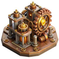magnificent exemplary An intricate clockwork city, gears and cogs visible throughout, steampunk style, warm and inviting lighting, isometric view png