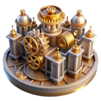 glorious peaceful surreal An intricate clockwork city, gears and cogs visible throughout, steampunk style, warm and inviting lighting, isometric view flawless png