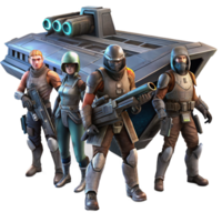 dazzling rustic A group of space pirates, clad in ragged clothing and armed with laser pistols, boards a derelict spaceship. Dark, dramatic lighting. Space opera style impeccable png