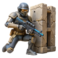 mesmerizing distinctive A futuristic soldier, armed with a plasma rifle, takes cover behind a crumbling wall in a war torn cityscape. Gritty, realistic lighting. Military sci fi style png