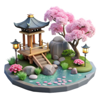 inspired rustic A traditional Japanese garden with a koi pond, stone lanterns, cherry blossoms, serene atmosphere, peaceful, exclusive png