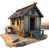 serene playful impressionist A dilapidated wooden shack on a remote beach, sunset lighting, weathered wood textures, melancholic atmosphere, sense of isolation masterfully captured png