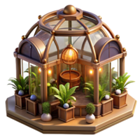 bold glorious A steampunk greenhouse, filled with exotic mechanical plants and glowing orbs, warm, inviting lighting, fantasy art style expertly shot png