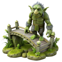 exemplary rustic A wise old troll guarding a bridge, mossy and overgrown setting, fantasy art style crisp png