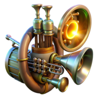 elegant rare A steampunk musical instrument, resembling a cross between a violin and a pipe organ, with glowing valves and intricate gears, illuminated by a spotlight, in a dramatic, orchestral style png
