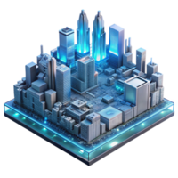 striking unparalleled A futuristic city built on a giant motherboard, glowing circuitry patterns visible below, aerial view, cyberpunk style png