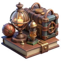 joyful stunning A scene of a steampunk library, filled with leather bound books, intricate globes, and flickering gas lamps. Warm, inviting lighting with a vintage feel impeccable png