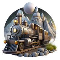 reflective glorious A majestic steampunk train, powered by visible steam engines and gears, speeding through a mountainous landscape, lit by a full moon. Dynamic, cinematic style ultra HD png