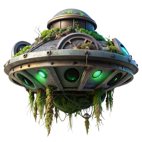 dazzling modern A decaying, abandoned spaceship, overgrown with alien vines and bioluminescent fungi, rests on a desolate, alien planet. Dark fantasy style detailed png