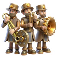 signature gothic A group of steampunk musicians, playing brass instruments modified with gears and tubes, illuminated by stage lights in a smoky, atmospheric setting precision png