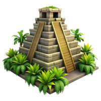 intense serene An ancient Mayan pyramid overgrown with jungle vegetation, dappled sunlight, photorealistic style high quality png