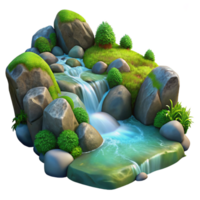 unparalleled minimalist A crystal clear stream cascading over moss covered rocks in a sun dappled forest. Hyperrealistic, detailed textures, vibrant colors top tier png