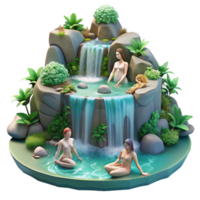 acclaimed modern A group of nymphs bathing in a crystal clear waterfall, surrounded by lush vegetation, illuminated by dappled sunlight. Romantic style luxury png