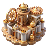 ethereal immaculate An intricate clockwork city, gears and cogs visible throughout, steampunk style, warm and inviting lighting, isometric view masterfully captured png