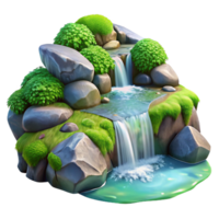 fascinating timeless A crystal clear stream cascading over moss covered rocks in a sun dappled forest. Hyperrealistic, detailed textures, vibrant colors png