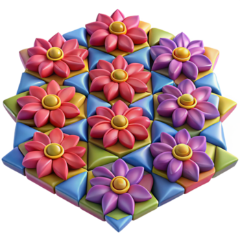 oförglömlig tropisk en fält av vibrerande, geometrisk blommor, varje med en unik mönster och Färg, anordnad i en mosaik- mönster. op konst stil studio kvalitet png