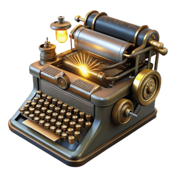 allettante arte deco un' steampunk macchina da scrivere, con intricato chiavi e raggiante vuoto tubi, visualizzazione un' parzialmente digitato Messaggio, illuminato di un' focalizzata fascio di leggero studio qualità png