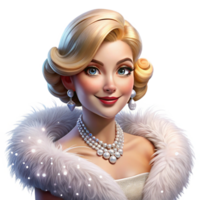 pristine minimalist Portrait of a glamorous movie star with sparkling diamond jewelry, a fur stole, and a seductive smile, lit by camera flashes, in a Hollywood style original png