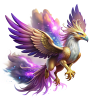 mesmerizing reflective coastal A majestic griffin with iridescent feathers soaring through a swirling nebula of purple and gold, dramatic lighting, digital painting style studio quality png