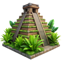 peaceful impressive An ancient Mayan pyramid overgrown with jungle vegetation, dappled sunlight, photorealistic style premium png
