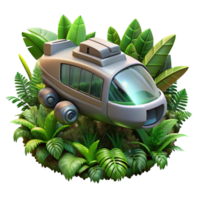 alluring distinguished A futuristic vehicle flying through a dense jungle, green and brown hues, matte painting style png
