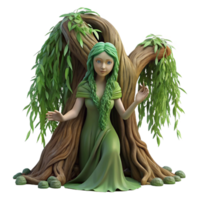 enchanting creative A serene dryad emerging from the trunk of an ancient willow tree, draped in moss and vines. Soft, dappled sunlight, pre Raphaelite style original png