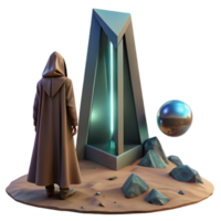 dramatic acclaimed A lone figure in a hooded cloak stands before a giant, monolithic structure on a desolate alien planet. Mysterious, low key lighting. Sci fi mystery style png