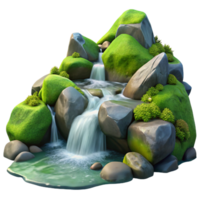 exceptional retro A crystal clear mountain stream cascading over smooth rocks, surrounded by lush green moss, photorealistic style genuine png