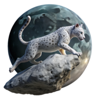 tranquil alluring A majestic snow leopard leaping across a chasm, illuminated by a full moon, rendered in a realistic style high quality png