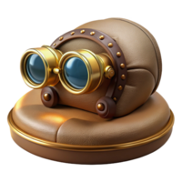 sought after avant garde A single steampunk goggles, intricate brass and leather details, resting on a velvet cushion, dramatic spotlight from above high resolution png