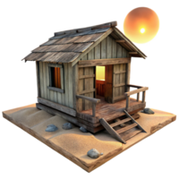 impressive impressionist A dilapidated wooden shack on a remote beach, sunset lighting, weathered wood textures, melancholic atmosphere, sense of isolation high resolution png
