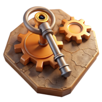 ethereal vibrant A steampunk key, intricately designed with gears and cogs, lying on a weathered map. Dramatic lighting, adventurous style studio quality png