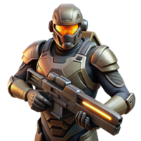 memorable classic A futuristic soldier wearing power armor, holding a plasma rifle, dark and gritty style ultra HD png