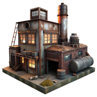gorgeous retro An abandoned industrial factory with rusting machinery and broken windows, dim ambient light, dystopian style authentic png