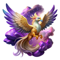 celebrated art deco A majestic griffin with iridescent feathers soaring through a swirling nebula of purple and gold, dramatic lighting, digital painting style gallery standard png