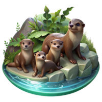 impressive retro A family of playful otters frolicking in a crystal clear stream, dappled sunlight filtering through the trees, painted in an impressionistic style expertly shot png