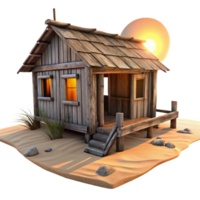 mysterious pristine A dilapidated wooden shack on a remote beach, sunset lighting, weathered wood textures, melancholic atmosphere, sense of isolation high quality png