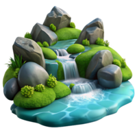 wonderful elegant A crystal clear mountain stream cascading over smooth rocks, surrounded by lush green moss, photorealistic style high quality png